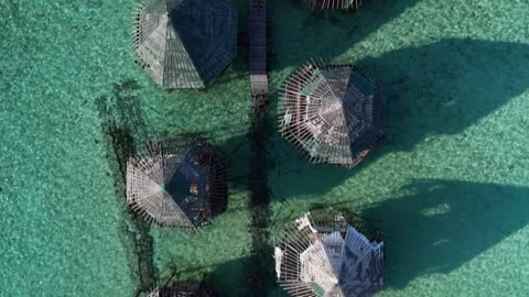 Top Down Aerial Drone Shot of Collapsed Wooden Roofs on Abandoned Overwater Vidéo 345001532