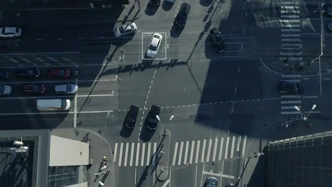 Top Down Aerial Drone Tracking Shot: White Autonomous Self Driving Car Moving Stock Footage 100831342