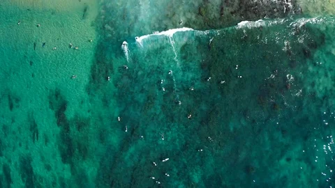 Top down aerial drone view from above surfers, surfing the waves below Stock Footage 120664797