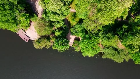 Top down aerial drone view of tree tops and the Spree River in Treptower Pa.. 스톡 동영상 243814868