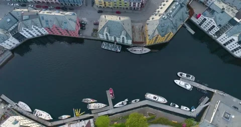 Top Down Aerial Drone View of City with Canal and Sailboats in Norway (Alesund) Stock Footage 247378069