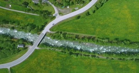 Top Down Aerial Drone View of Valley with River (Norway) Stock Footage 247378239