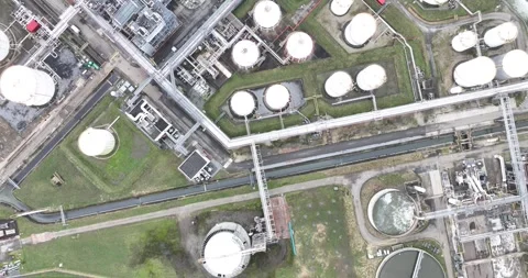Top down aerial drone view on the chemical industry, storage containers, smoke Stock Footage 270291775