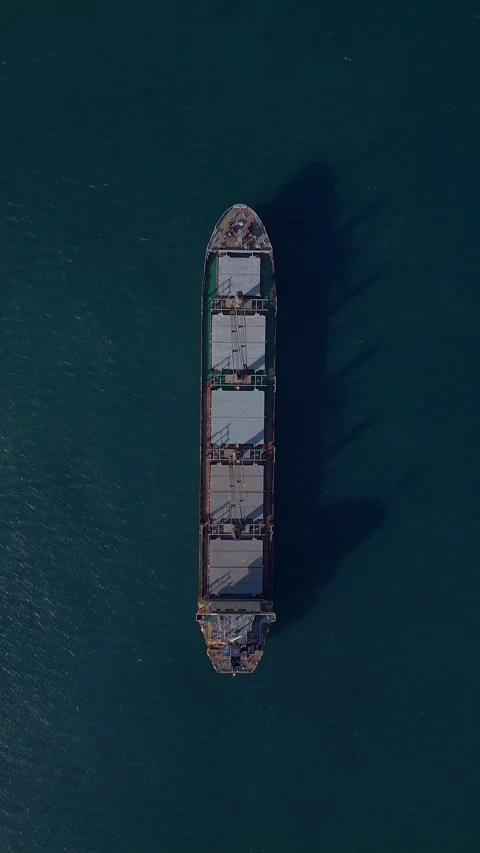 Top-down aerial drone view of a large cargo ship sailing on open water, showing Stock Footage 289695654