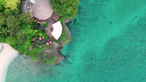 Top-Down Aerial Drone View of Beachfront Resort and Turquoise Water 스톡 동영상 320850081