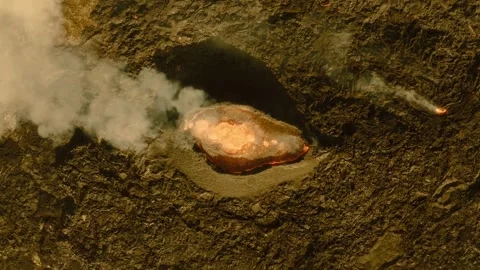 Top Down Aerial Drone View of Active Volcano Crater Venting Smoke Stock Footage 322159492