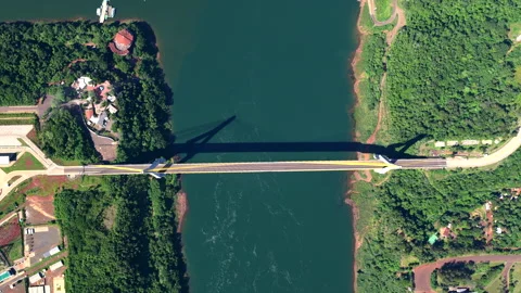 Top-down aerial drone view of the Puente de la Integracion over the Parana Video stock 333742452