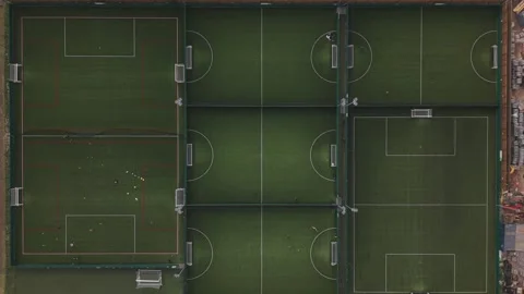 Top down aerial drone view of football pitches and urban sports complex Stock-Footage 334690665