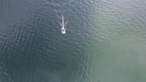 Top down aerial drone view of a speedboat cruising on deep water leaving trail Stock Footage 343138602