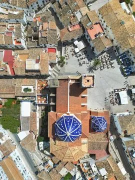 Top down aerial drone view of Altea town and dome church in Alicante, Spain Stock Photos
