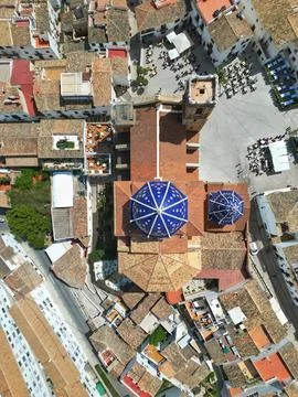 Top down aerial drone view of Altea town and dome church in Alicante, Spain Stock Photos