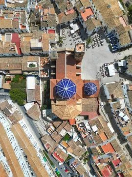 Top down aerial drone view of Altea town and dome church in Alicante, Spain Stock Photos