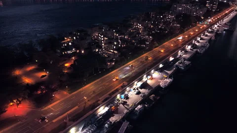 Top-Down Aerial Flight Over Habitat 67 and Waterfront Road at Night Stock Footage 318564699