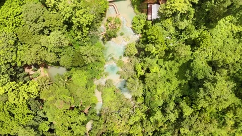 Top Down Aerial Flight Over Jungle Canopy and Waterfall Stream, Kuang Si Laos Stock-Footage 347422475