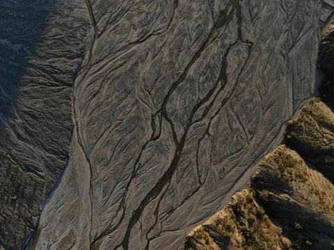 Top down aerial of flood plain in Bolivian mountains Stock Photos
