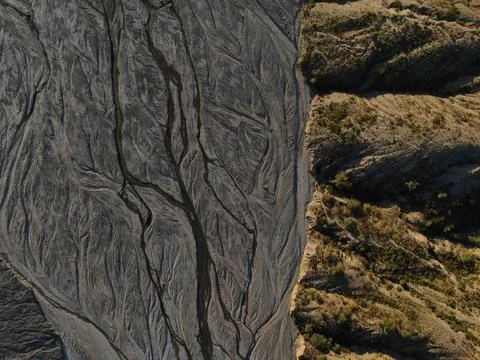 Top down aerial of flood plain dry riverbed in Bolivia Stock Photos