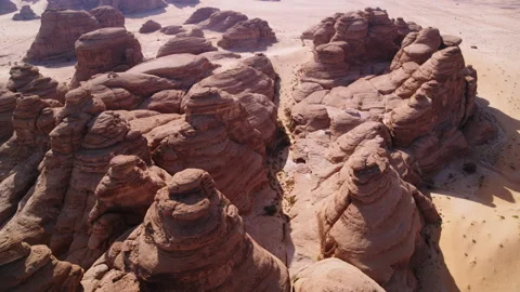 Top down aerial, fly through canyon, rock formation, Al Ula, Saudi Arabia, 4K Stock Footage 196815332