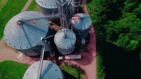 Top down aerial of grain elevator in Wisconsin Rapids, WI where semi Stock Footage 278512722