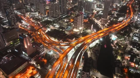 Top-down aerial hyperlapse of Downtown Brickell Miami and I-95 highway at night Stock Footage 313803333