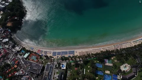 Top Down Aerial of Kata Beach, Sun Loungers and Turquoise Bay, Phuket Stock Footage 347988656