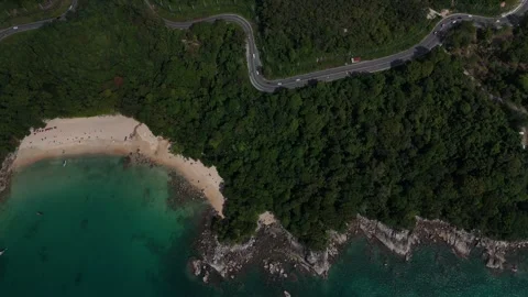 Top Down Aerial From Laem Sing Beach Along Rocky Rainforest Coast, Phuket Video stock 347989611