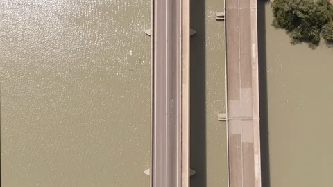 Top down Aerial moving along a highway bridge in regional australian in the murr Stock Footage 104584608