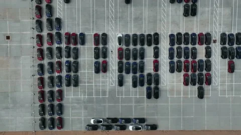 Top down aerial of new Tesla Model Y cars at Giga Texas location in Stock-Footage 199288314