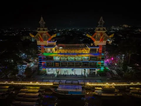 Top-down aerial night view Menara Pandang rooftop dragon ornaments Stock Photos