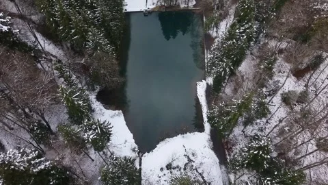 Top Down Aerial Over Turquoise Alpine Reservoir Surrounded by Snowy Forest 스톡 동영상 330802666