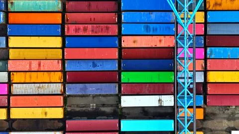 Top-Down Aerial Pattern of Colorful Shipping Containers Stock Photos