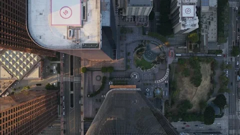 Top down aerial perspective of downtown Los Angeles cityscape showing urban buil Stock Footage 336634337