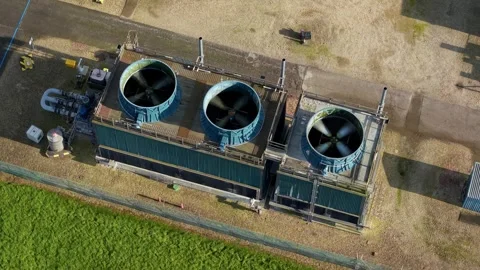 Top down aerial perspective of operational HVAC thermal management turbine Stock Footage 338029165