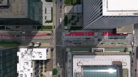 Top down aerial perspective showing downtown american city grid like urban stree Stock Footage 337312206