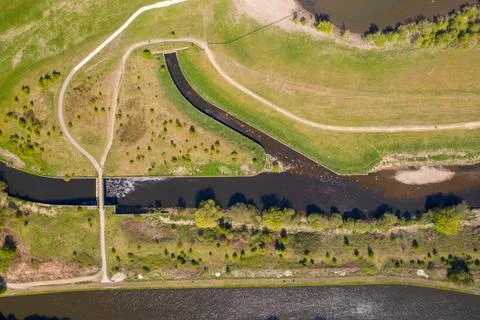 Top down aerial photo in the spring time of a canal and river at the Leeds .. Stock Photos