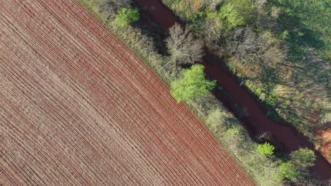 Top Down Aerial of Red Dirt Creek Dividing Farmland Fields at Sunset Stock Footage 332128216