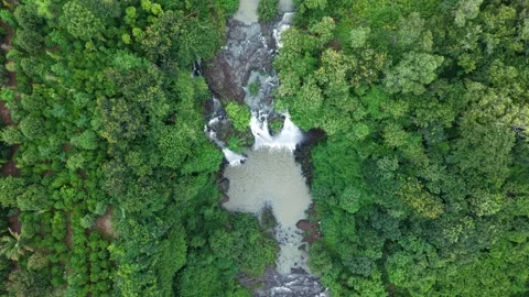 Top-down aerial reveal of a three-stream waterfall Stock Footage 342209932