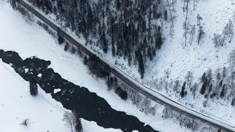Top down aerial of river, road and winter forest in Xinjiang mountains Stock Footage 336601776