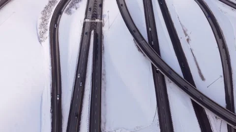 Top down aerial road geometry pattern with winter highway lines Stock Footage 328963140