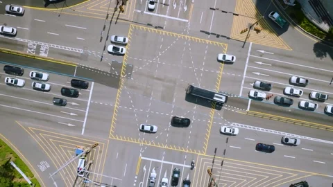 Top-Down Aerial Rocket Shot Rising and Rotating Over Gangnam Intersection Stock Footage 345212275