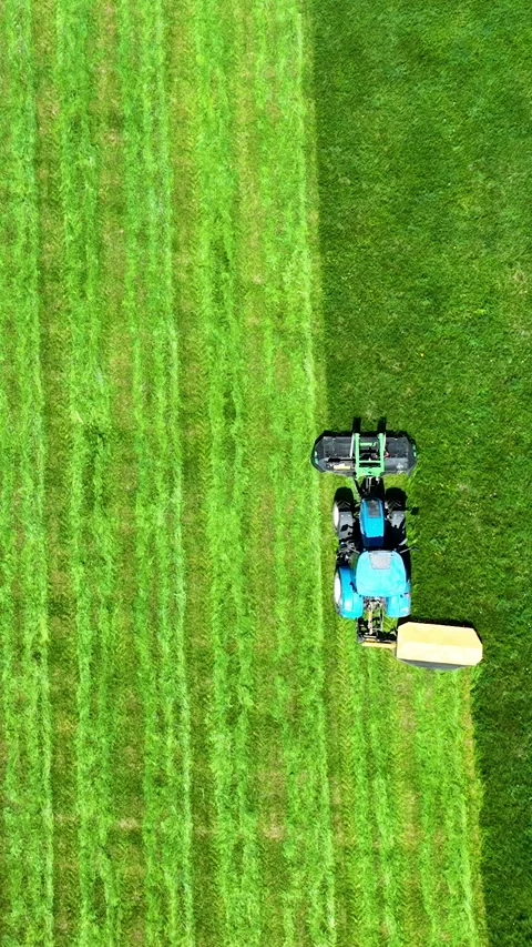 Top Down Aerial Selection of Blue Tractor Mowing Green Grass Field Video stock 336566666