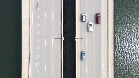 Top Down Aerial Shot of Bridge Traffic Over a River - Worcester/Shrewsbury, Mass Stock Footage 151428051