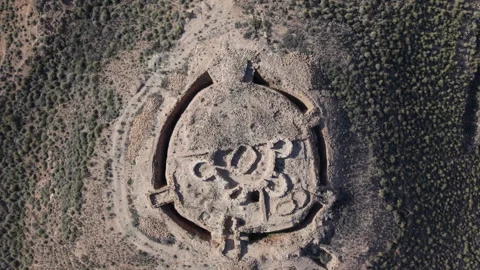 Top-Down Aerial Shot of Circular Neolithic Fortress at Los Millares, Spain Stock Footage 312142331
