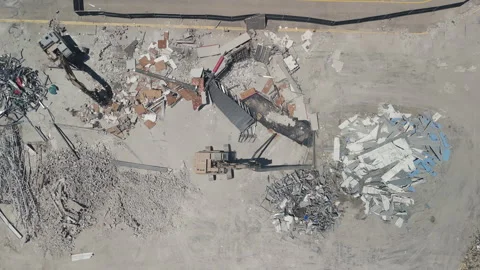 Top down aerial shot of destroyed site. Equipment that destroys buildings. Stock-Footage 291601653