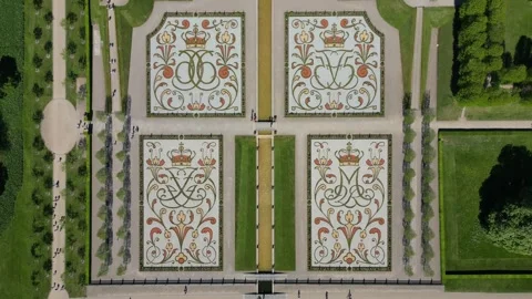 Top down aerial shot of the iconic gardens of Frederiksborg Castle in Hillerød Stock Footage 254909661