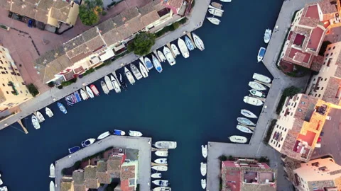 Top down aerial shot of a small Marina Port Stock Footage 258301842
