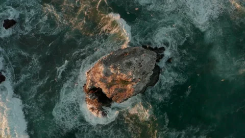 Top down aerial shot of waves crashing against a sea stack Stock Footage 250591469