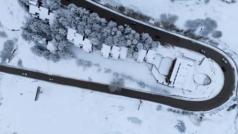 Top Down Aerial of Snow Covered Road and Buildings in Kfardebian Lebanon 스톡 동영상 331101573