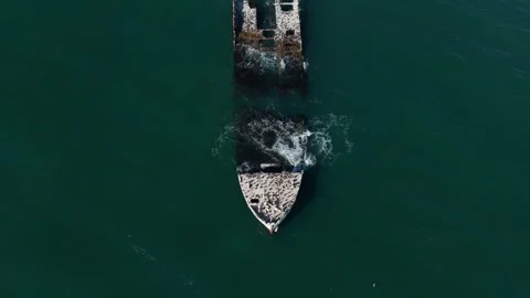 Top Down Aerial SS Palo Alto Cement Shipwreck Aptos California Ocean Waves Stock Footage 332366744