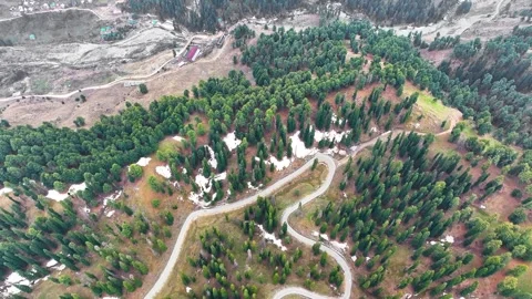 Top-down aerial tilt over winding mountain road in Gulmarg pine forest. Stock-Footage 333801918