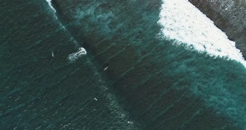 Top Down Aerial tracking shot on skilled male surfer riding a huge wave on a Stock Footage 125330296
